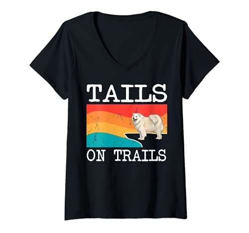Womens Tails On Trails Samoyed Dog Funny Hiking V-Neck T-Shirt, Black