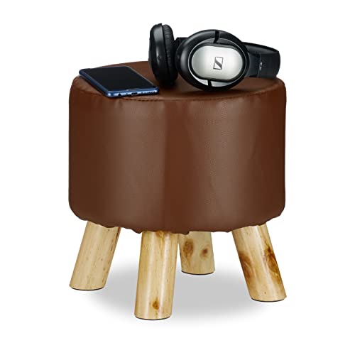 Relaxdays Taburete Bajo de Cuero Sintético con 4 Patas, DM, Madera de Pino y Poliéster, Marrón, 30 x 31 cm, Tablero de Fibras