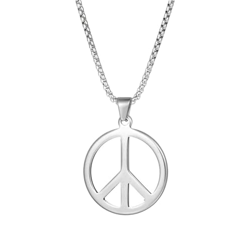 Collar con símbolo de la paz de acero inoxidable, cadena de rock, punk, hip hop, rapero, motero, collar fresco para hombres y mujeres, fiesta hippie – plata
