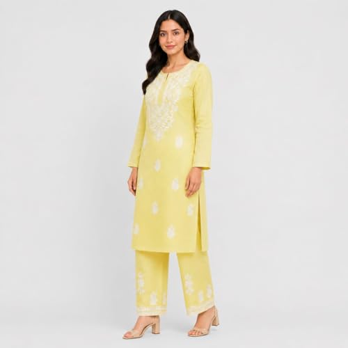 Image of Women's Chikankari Embroidered Straight Kurta with Palazzo Set, Traditional Kurti Bottom Set |Round Neck Full Sleeve Outfit for Daily,Office, Festive & Casual