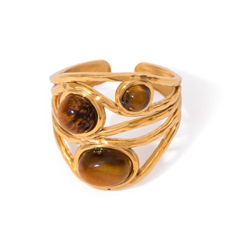 Dikixe Western Boho Tiger's Eye Stone Chunky Ring,Natural Gemstone 18K