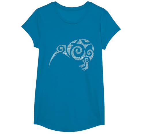 NZ Kiwi Maori Word Art Aotearoa Tribal Bird Icon New Zealand T-Shirt, Girls, Sapphire Blue, Large