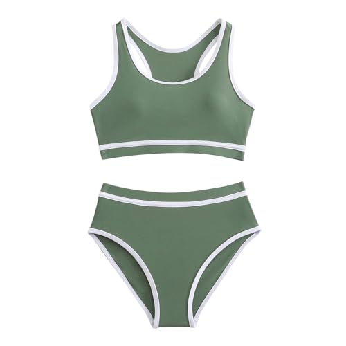 Girls Swimsuit Two Piece High Waist Athletic Bottoms Girls Bathing Suit Cute Fashion Sports Beach (Green, 9-10 Years)