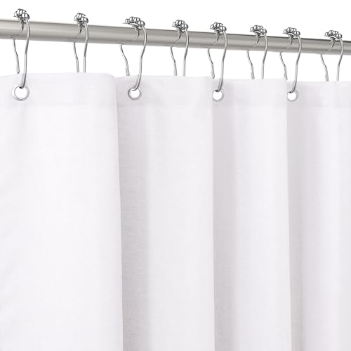 VANZAVANZU Rideau de Douche Lin avec Anneaux en Métal Imperméable Anti-Moisissures Polyester Tissu Rideau Salle de Bain Lourd pour Baignoire Cabine de Douche - 92x182CM (Blanc)