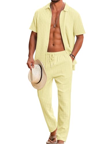 LecGee Mens 2 Piece Outfits Textured Short Sleeve Button Down Shirts and Matching Loose Pants Beach Party Suits