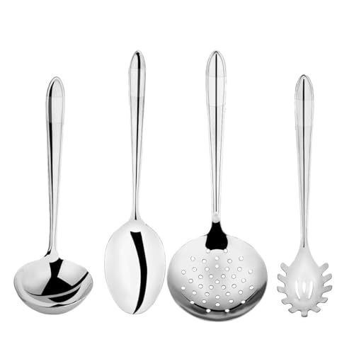Jogo 4 Utensílios Cozinha INOX Colher Concha Escumadeira Pegador de Massa