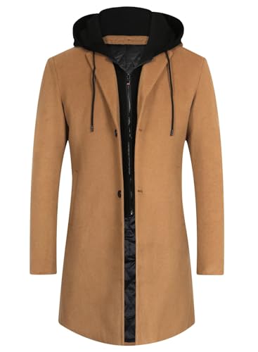 Image of APTRO Men's Wool Trench Coat Hoodie Winter Top Coat | Premium Wool Fabric, Hoodie Style, Thickened Cotton Lining, Single Breasted, Zipper & Button Closure, for Business