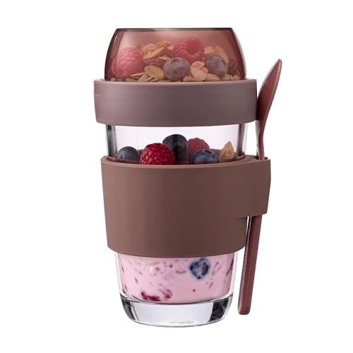 Image of Stegl Glass Yogurt & Coffee Cup 400ml with Dual-Compartment Topping Lid, One-Hand Flip Click Lock, Spoon & Silicone Sleeve - For Overnight Oats, Cereal, Fruit & Coffee Snacks