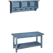 Country Cottage 36" Wall-Mount Coat Rack and Entryway Bench Set Coat Hanger with Cubbies and Hooks & Storage Bench for Shoes, Bags, and Accessories by Alaterre Furniture Antique Blue