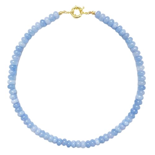 Iswawo Beaded Gemstone Necklace for Women, Pure Color Boho Bead Choker Natural Stone Surfer Beach Rainbow Beads 18K Gold Plated DIY Handmade Jewelry Charm Trendy Birthday Gifts (Blue)