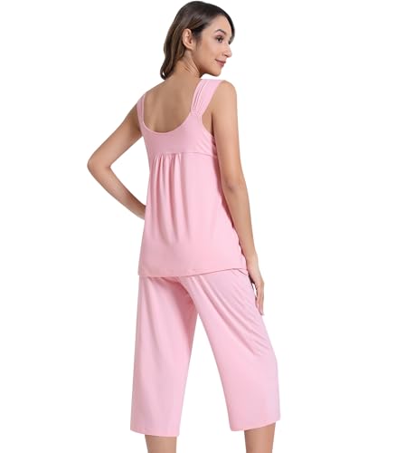 Image of NACHILA Pajamas for Women-Viscose Made from Bamboo, Sleeveless Pjs Top and Capri Pants Pajama Set Cool Pleated Sleepwear
