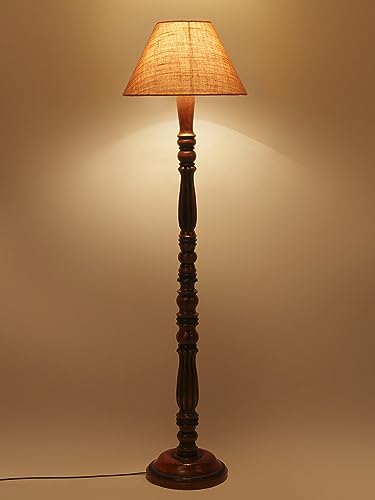 Image of Beige Jute Shade Wooden Floor Lamp with Wooden Base, Height - 53 Inches | Contemporary Standing Lamp for Living Room, Bedroom & Office | Elegant Lighting for Stylish Home Interiors