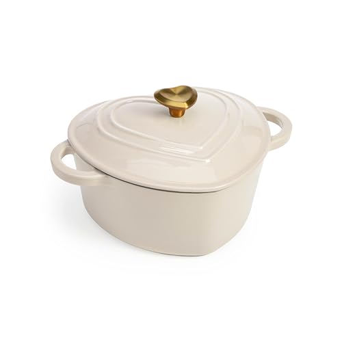 Image of Paris Hilton Enameled Cast Iron Dutch Oven Pot with Lid, Heart-Shaped Dutch Oven, Durable Cast Iron Pot with Dual Handles, Oven Safe to 500F, Works on All Stovetops, 2-Quart, Cream
