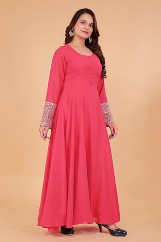 Image of ROYALICA Women's Georgette Gown Set with Solid Pattern Floor Length Round Neck Fit & Flare Full Sleeves Gown Pant and Embroidery Work Dupatta | Anarkali Gown Set for Women