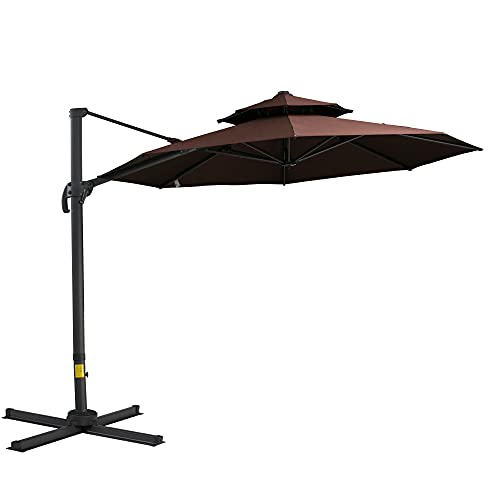 Outsunny 11Ft Cantilever Patio Umbrella With Base, Double Top Hanging Aluminum Offset Umbrella With 360° Rotation, Easy Tilt, 8 Ribs, Crank, Cross Base For Backyard, Poolside, Lawn, Garden, Brown #TOP9