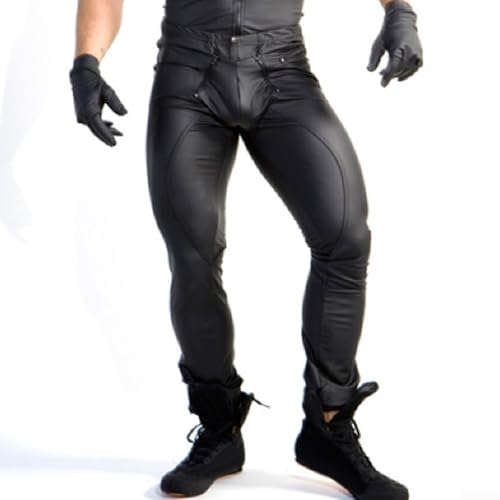 Wetlook PU Leder Leggings mit Tasche für Herren, Slim Fit Hose für Clubwear (M Schwarz)