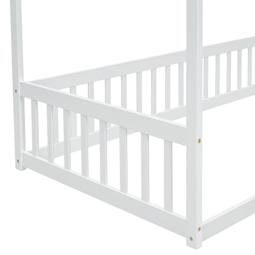 aphrophina Twin Size Canopy Frame Floor Bed with Guardrails for Safety, Elegant Design, White