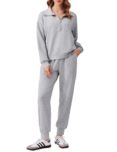 Image of PINSPARK 2 Piece Sets for Women Long Sleeve Half Zip Tracksuit Jogger Sets | 2026 Fall Travel Outfits Lounge Set, Lightweight Soft Air Layer Fabric, Kangaroo Pocket Sweatshirt, Drawstring Joggers Pants