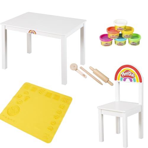 roba x Play-Doh Sitzgruppen-Set - Kindertisch+ Kinderstuhl - FSC zertifiziertes Spielset mit 6 Knetdosen, 3 Holzwerkzeugen & großer 3D-Kreativmatte - Schönes Geschenk ab 3 Jahren