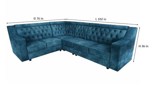 Image of APRODZ Wooden Sofa Set 6 Seater for Living Room, Solid Wood L Shape Sectional Sofa with Velvet Fabric Upholstery, Cushioned Seating for Home, Office & Lounge, Blue