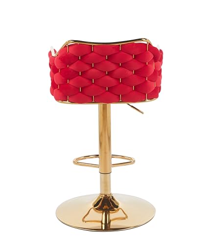 Image of Creative Upholstered Red Bar Stool with Golden Plated Base | Modern Counter Height Chair with Padded Seat, Swivel & Footrest (Pack of 1)