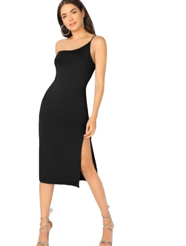 Image of TIVANTE Solid One Shoulder Midi Cami Bodycon Dress with Slit for Women