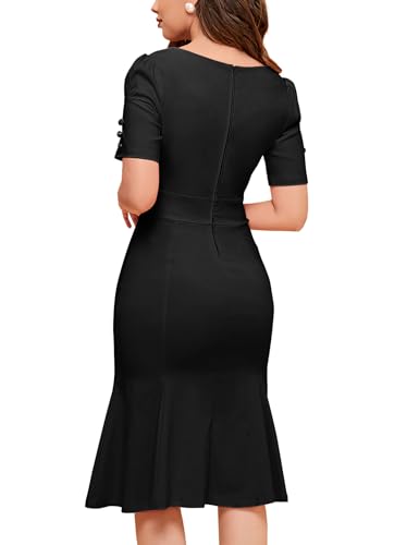 Image of MUXXN Women's Vintage 1950s Midi Crew Neck Short Sleeve Party Cocktail Work Casual Bodycon Dress