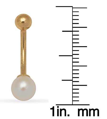 Jewelryweb Solid 14K Gold Genuine 7Mm Cultured Pearl Ball Curved Barbell Belly Button Navel Ring Dangle Piercing (7Mm X 22Mm) (Yellow-Gold) #TOP1