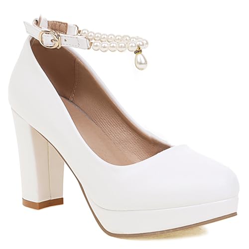 Women's Chunky High Heels Pearls Ankle Strap Pumps Shoes Round Toe Platform Elegant Mary Jane Dress Shoe