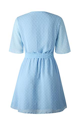 ECOWISH Women V Neck Short Sleeve Polka Dot Floral Pattern A-Line Tie Belt Short Dress with Ruffle Irregular Hem Light Blue X-Large