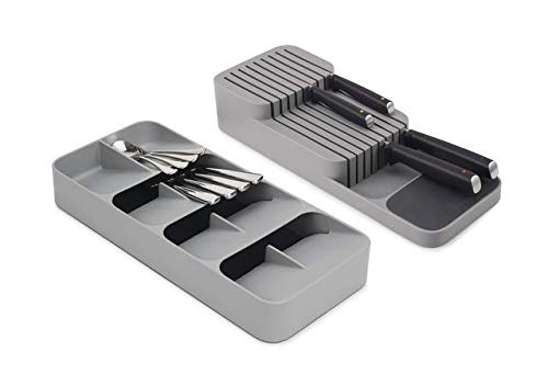Joseph Joseph 85152 DrawerStore Kitchen Drawer Organizer Tray for Cutlery Silverware Large Gray and Joseph Joseph 85120 DrawerStore Kitchen Drawer Organizer Tray for Knives Knife Block Gray