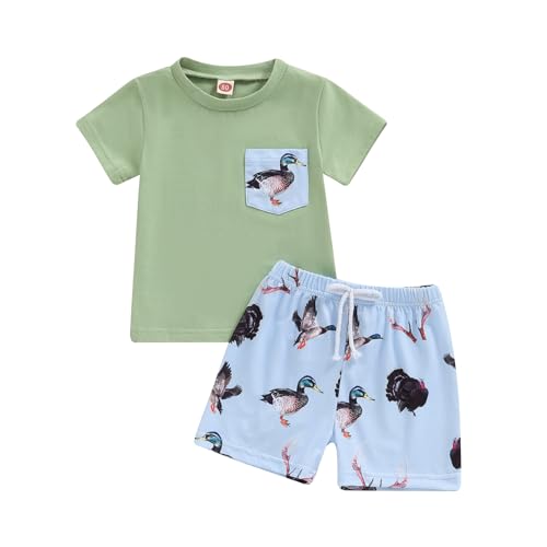 Image of Pybcvrrd Toddler Baby Boy Hunting Clothes Mallard Duck Pocket Short Sleeve Shirt Duck Print Shorts Set 2pcs Summer Outfit