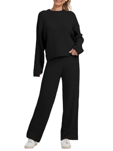AnotherChill Women's Cable Knit Sweater Lounge Set with Wide Leg Pants