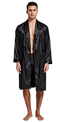 Image of TONY AND CANDICE Men's Satin Robe Lightweight Long Sleeve Silk Kimono Bathrobe with Shorts Set Sleepwear