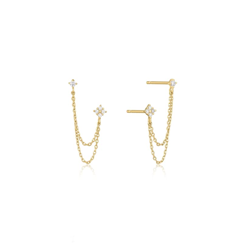 Boucles d'oreilles fleur en zircon avec chaîne double et plaquage or 18k