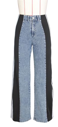 Recious Womens Sexy High Waist Printed Colorblock Bodycon Wide Leg Party Clubwear Denim Pants Jeans4