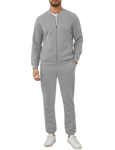 UOUA Men's Tracksuit 2 Piece Sets Casual Sweatsuit with Full Zip Athletic Jogging Suits Waffle Plaid Jacquard Outfits
