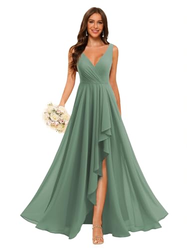 Loyeloy Women's V Neck Bridesmaid Dresses with Slit 2025 Chiffon A-line Formal Evening Gowns with Pockets YJ212