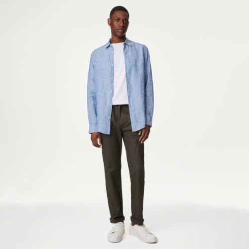 Image of Marks & Spencer Mens Solid Linen Blend Collared Neck Regular Fit Easy Iron Shirt
