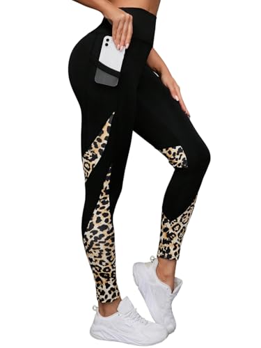 SHENHE Womens Capri Pants Cheetah Leggings High Waist Workout Tummy Control Pants with Pocket Multicolor Large