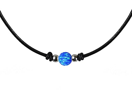 Edellis Hochwertiger runder Blauer Opal 8 mm mit Ziegenleder Damen-Kette und mit 925 Sterling Silber Kugeln und Verschluss (42)