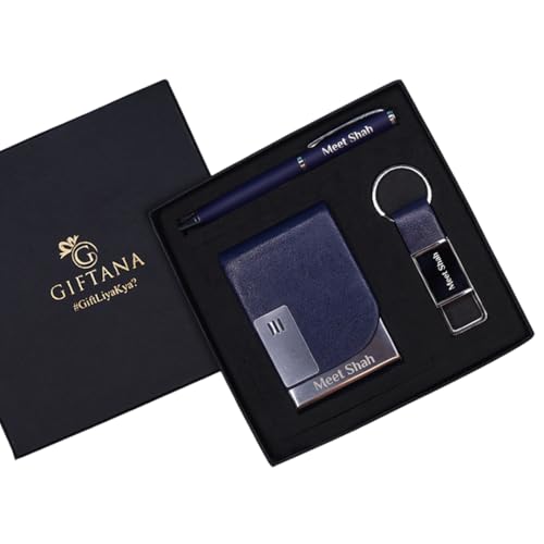 Image of Giftana Personalized Card Holder with Pen, Keychain with Name, 3 in 1 Customized Pen, Card Holder Keychain Gift Set, Personalised Gifts for Husband, Diwali Corporate Gifts for Employee (Blue)