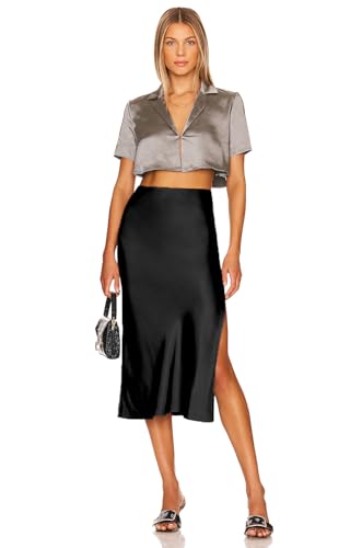 Women's High Waisted Silky Satin Midi Skirt Elastic Waist A Line Skirt with Slit2