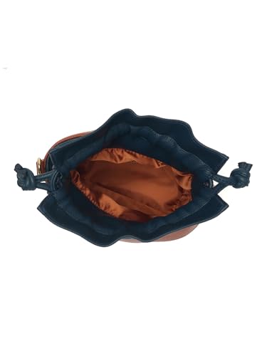 Image of white lily Women's Bucket Bag with Drawstring, Black and Brown Two-Tone, Adjustable Shoulder Strap