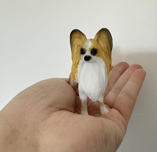 Realistische kleine Papillon-Figur aus Kunstharz, Geschenke, Hunde-Gedenkfiguren, Auto-Dekoration, Sammler-Hundestatue, Skulptur, Geschenke für Papillon-Liebhaber (braun-weiß, L: 6,2 cm x B 3,5 cm x H