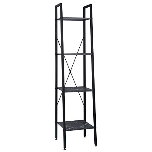 EUGAD Librería Industrial con 4 Nivele Estantería Almacenaje Independiente para Libros Plantas Estantería Metálica con Madera para Salón Cocina Dormitorio 34x35x148cm Negro+Mármol Negro 0024ZWJ