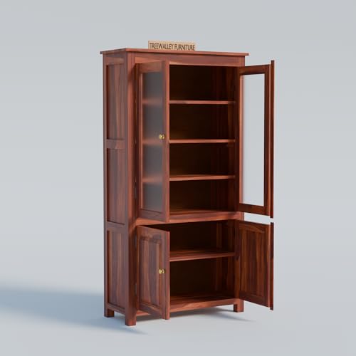 Image of Solid Sheesham Wood Crockery Cabinet with 2 Acrylic Glass Doors | Wooden Wardrobe Kitchen Cabinet with 6 Shelves Storage | Bookcase for Living Room, Bedroom & Office | Honey Finish