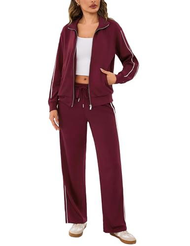 Terecey Jogginganzug Damen Set 2 Teiliges Lounge Trainingsanzug Frauen Streifen Sportanzug Fitnessanzug mit Taschen Herbst Langarm Reißverschluss Outfits Sets Tracksuit Freizeitanzug Weinrot L