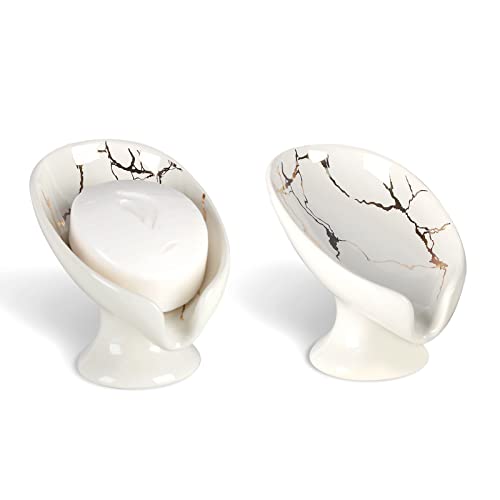 Soap Dish Set, Self Draining Bar Soap Holder for Bathroom Sink, Leaf Shaped Drainage Ceramic White Marble Porcelain Soap Dishes, Kitchen Decorative Soap Dish 2PACK, ANTIS'S HOME 2pcs-marble