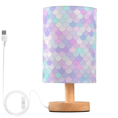 Image of ALAZA Rainbow Scales Mermaid Decor Bedside Table Lamp with USB Port for Bedroom Nightstand Office Desk LED Bulb Included